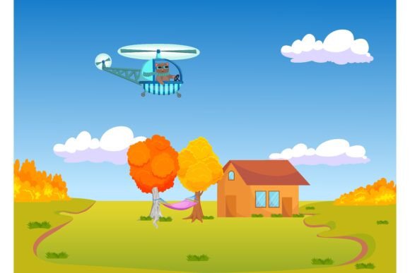 Download Cute Cartoon Cat Flying Helicopter over - Flying helicopter Collection